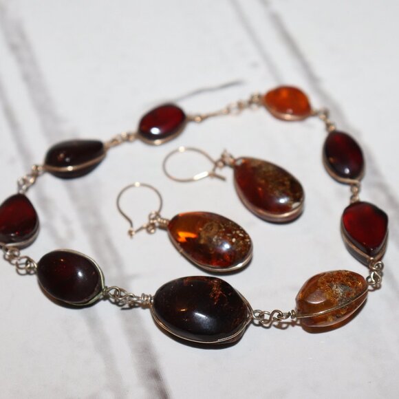 🍯 Vintage Gold & Amber Necklace + Earrings Set – 9" - Picture 1 of 4